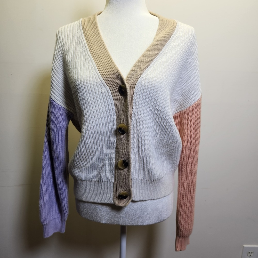 Gap Colorblock Shaker Stitch Chunky V-Neck Cardigan Sweater Lrg 100% Cotton